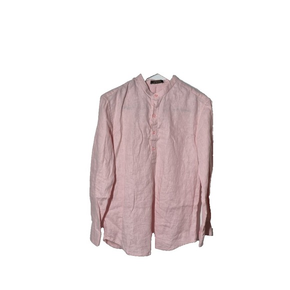 Yaly Couture Shirt Mens 43 Chest Pink Linen Mandarin Collar Long Sleeve Pullover - Picture 1 of 8
